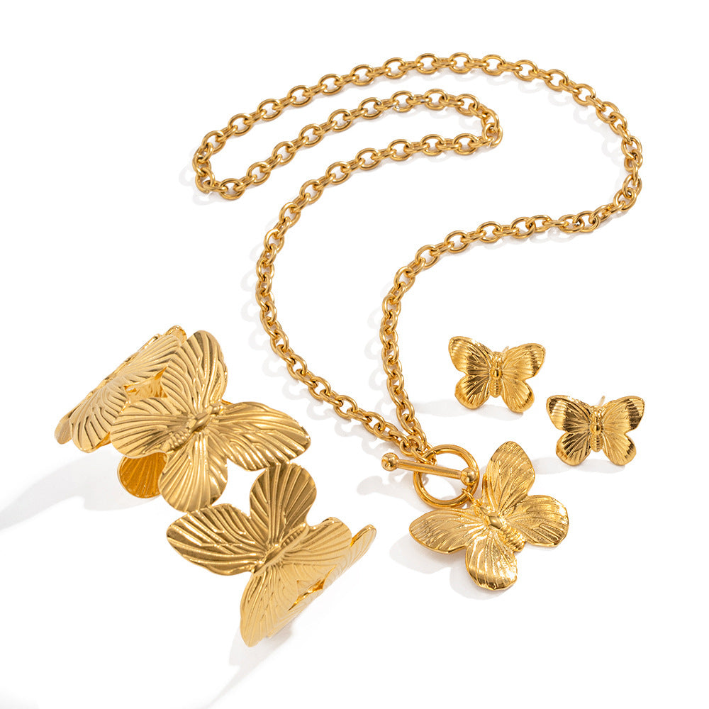 Wholesale 18k Gold-plated Stainless Steel Butterfly Necklace Bracelet Earring Set